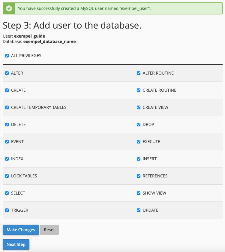 add database and user privileges in cpanel