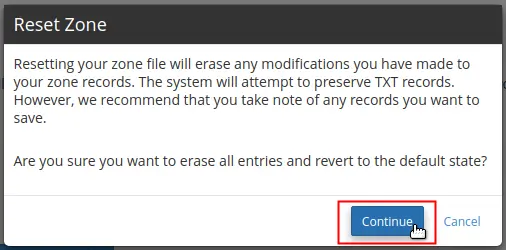 reset dns records in cpanel zone editor by one click