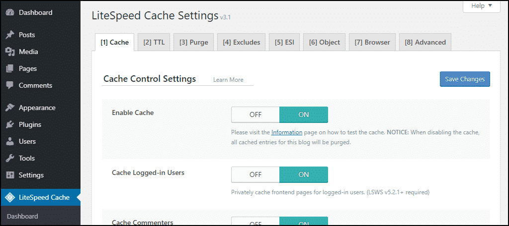 LiteSpeed Cache settings page in WordPress