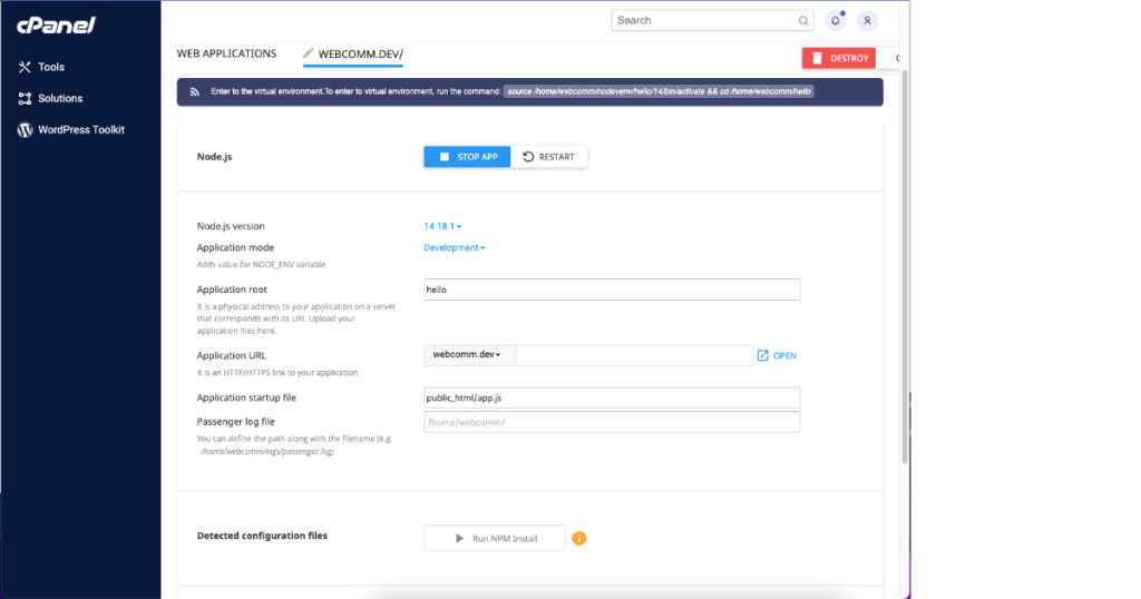 Node.js App Manager home screen (Run NPM Install, controls)